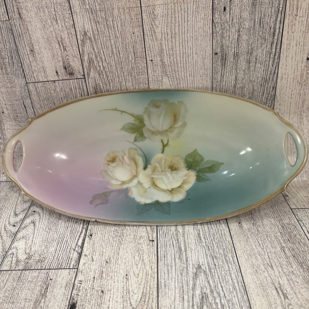 Antique Hand Painted Oval Porcelain China Tray Roses Bavaria Relish Dish Blue